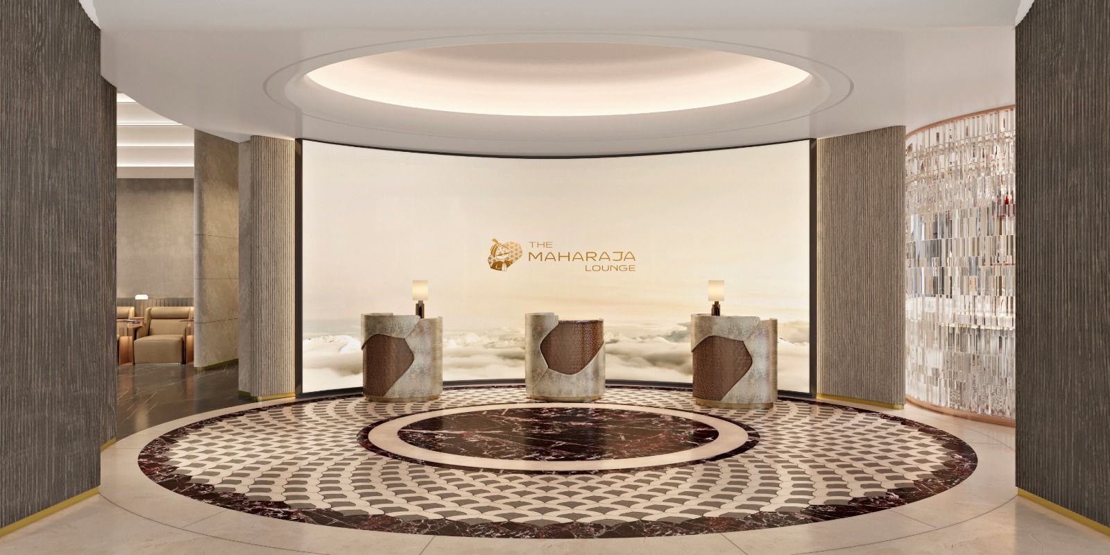 Una habitación con muebles de mármol y piedra.