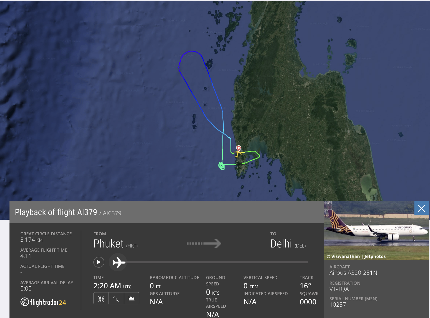 The image is a screenshot from Flightradar24 showing the playback of flight AI379. The map displays the flight path over a coastal region, with the path marked in different colors indicating various segments of the flight. The flight is from Phuket (HKT) to Delhi (DEL). The information panel below the map provides details such as the great circle distance (3,174 km), average flight time (4:11), and aircraft type (Airbus A320-251N). The aircraft's registration is VT-TQA. The map shows the flight's trajectory, which includes loops and turns near the coast.