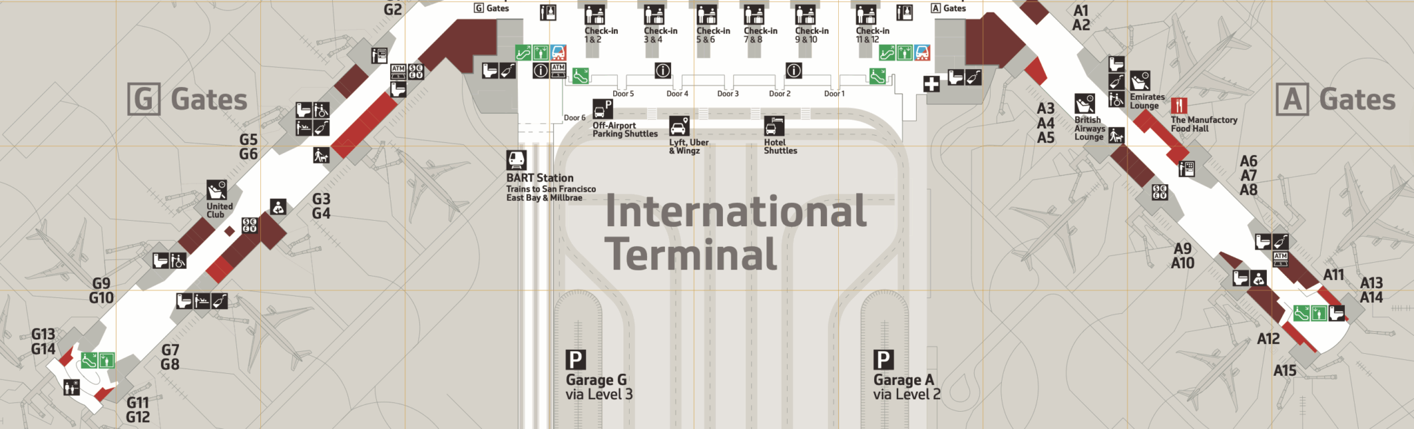 Esta imagen es un mapa de la terminal del aeropuerto internacional. Un plano muestra las puertas A y G, destacando diversas comodidades y servicios, como salones, comedores y áreas de check-in. El mapa incluye símbolos para baños, cajeros automáticos y servicios de transporte. También hay indicadores de opciones de transporte, como una estación de BART y estacionamiento. Las rutas de las estaciones y los números de las puertas están claramente marcados.