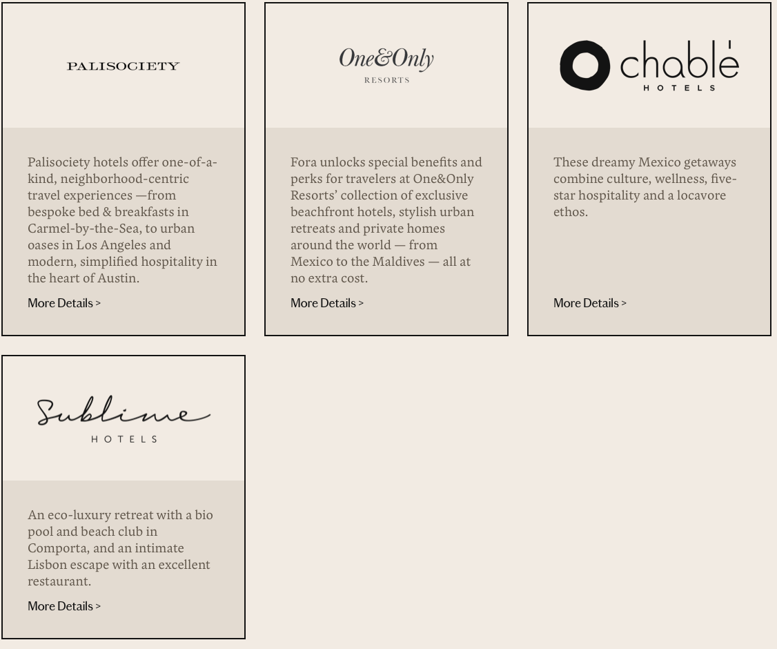 La imagen contiene cuatro secciones, cada una promocionando una marca de hotel diferente con una breve descripción y 