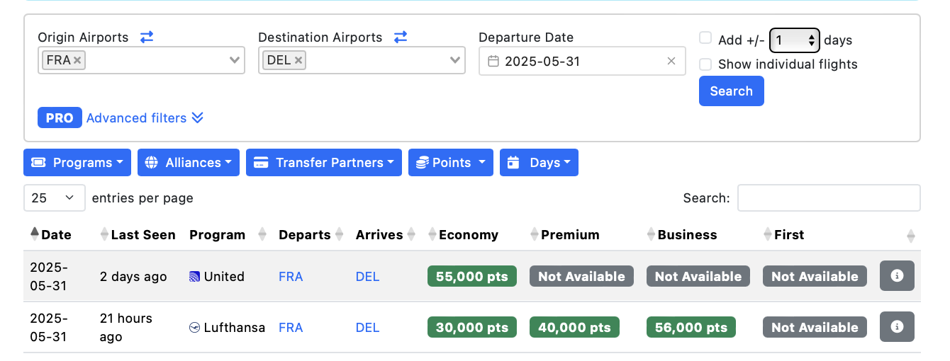 The image shows a flight search results page. The search criteria include origin airport "FRA," destination airport "DEL," and departure date "2025-05-31." There are options for advanced filters and to adjust the search by a few days. Two flight options are listed: 1. United Airlines: Departing from FRA to DEL, with economy class available for 55,000 points. Premium, business, and first class are not available. 2. Lufthansa: Departing from FRA to DEL, with economy class available for 30,000 points, premium for 40,000 points, and business for 56,000 points. First class is not available. Additional options for filtering by programs, alliances, transfer partners, points, and days are visible.