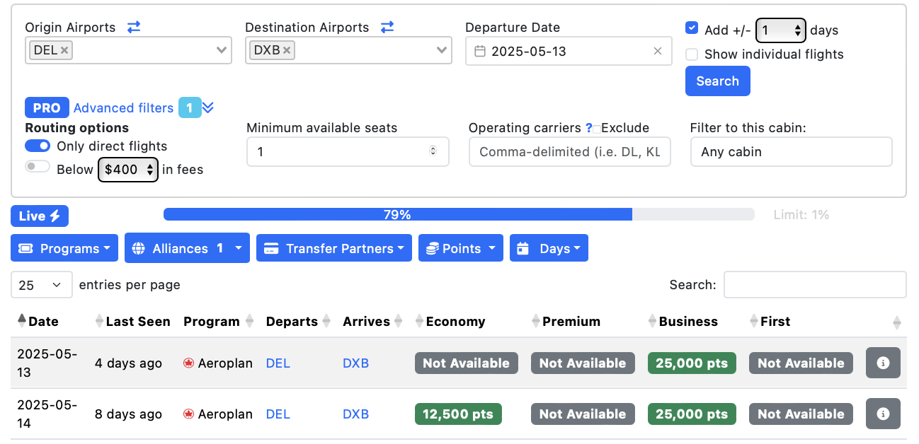 The image is a screenshot of a flight search interface. It shows options for selecting origin and destination airports, with "DEL" and "DXB" chosen, respectively. The departure date is set for May 13, 2025, with an option to adjust by +/- 1 day. There are filters for direct flights, fees below $400, and cabin class. The search results display two entries for flights from DEL to DXB on May 13 and May 14, 2025, with availability in business class for 25,000 points. Other classes are marked as not available. The interface includes options for advanced filters, routing, and sorting by various criteria.