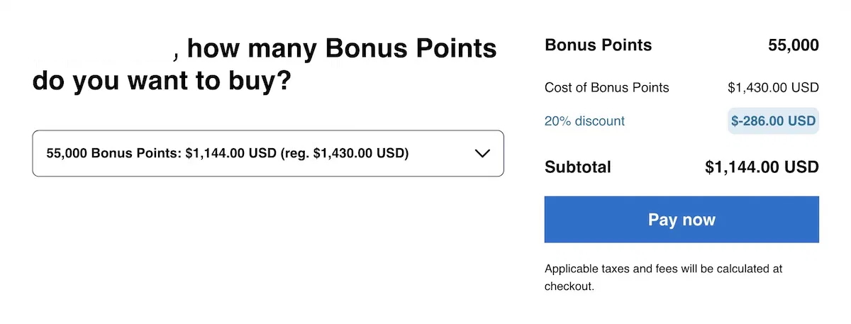 The image shows a purchase screen for buying bonus points. It displays an option to buy 55,000 bonus points for $1,144.00 USD, discounted from the regular price of $1,430.00 USD. A 20% discount is applied, saving $286.00 USD. The subtotal is $1,144.00 USD. There is a "Pay now" button, and a note mentions that applicable taxes and fees will be calculated at checkout.