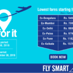 a blue and white advertisement with a plane and a pin