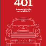 a red and white poster with a car