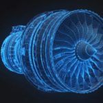 a blue wireframe of a jet engine