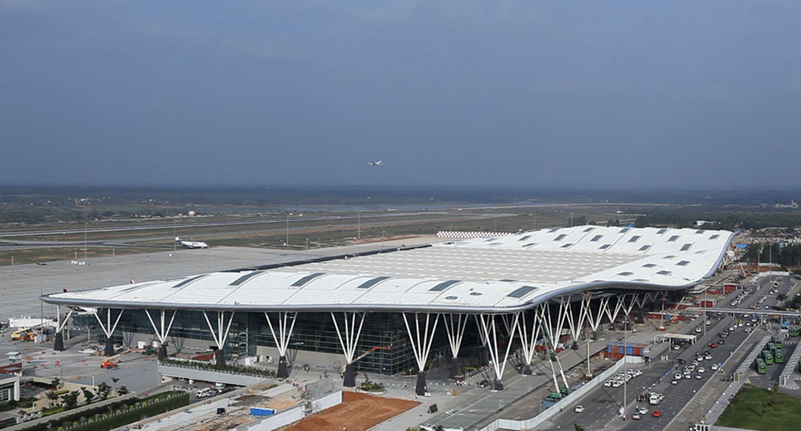 an airport with a large building