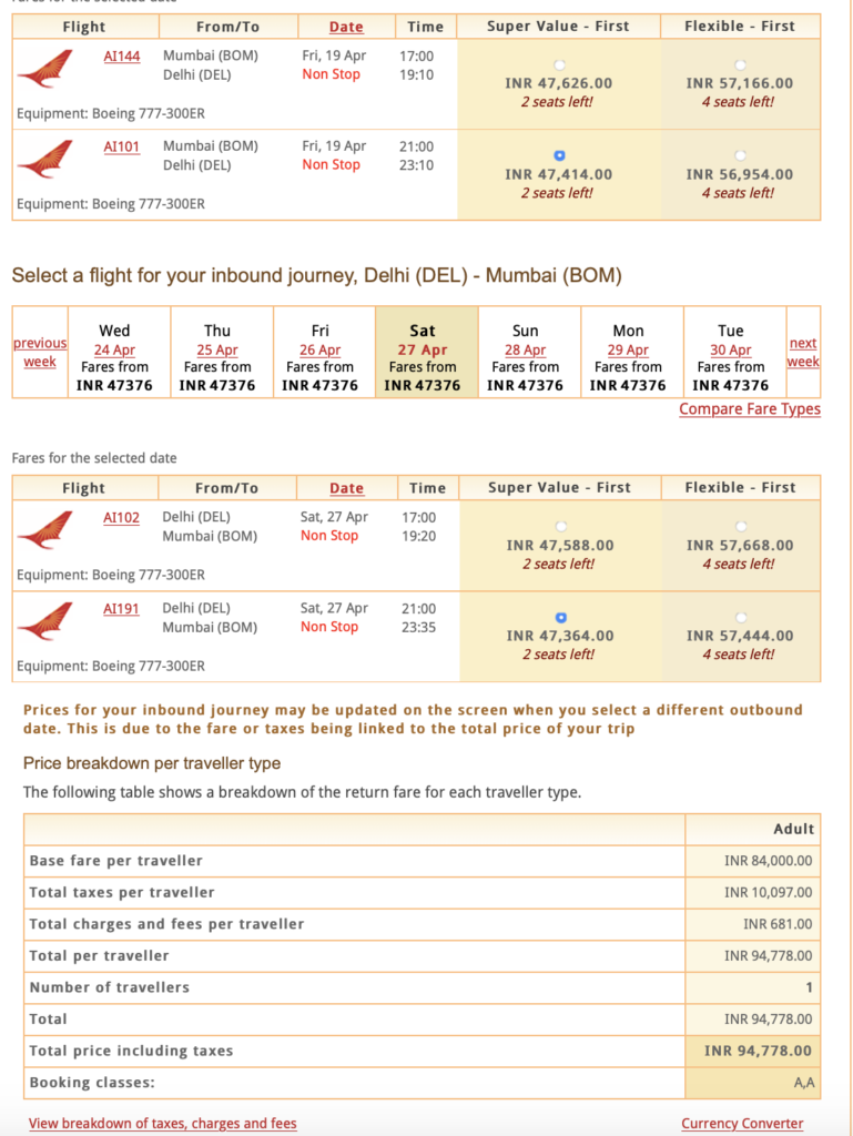 Air India for å fjerne førsteklasses seter