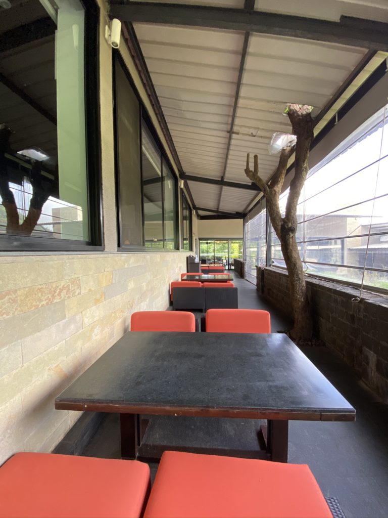 a table and chairs in a building