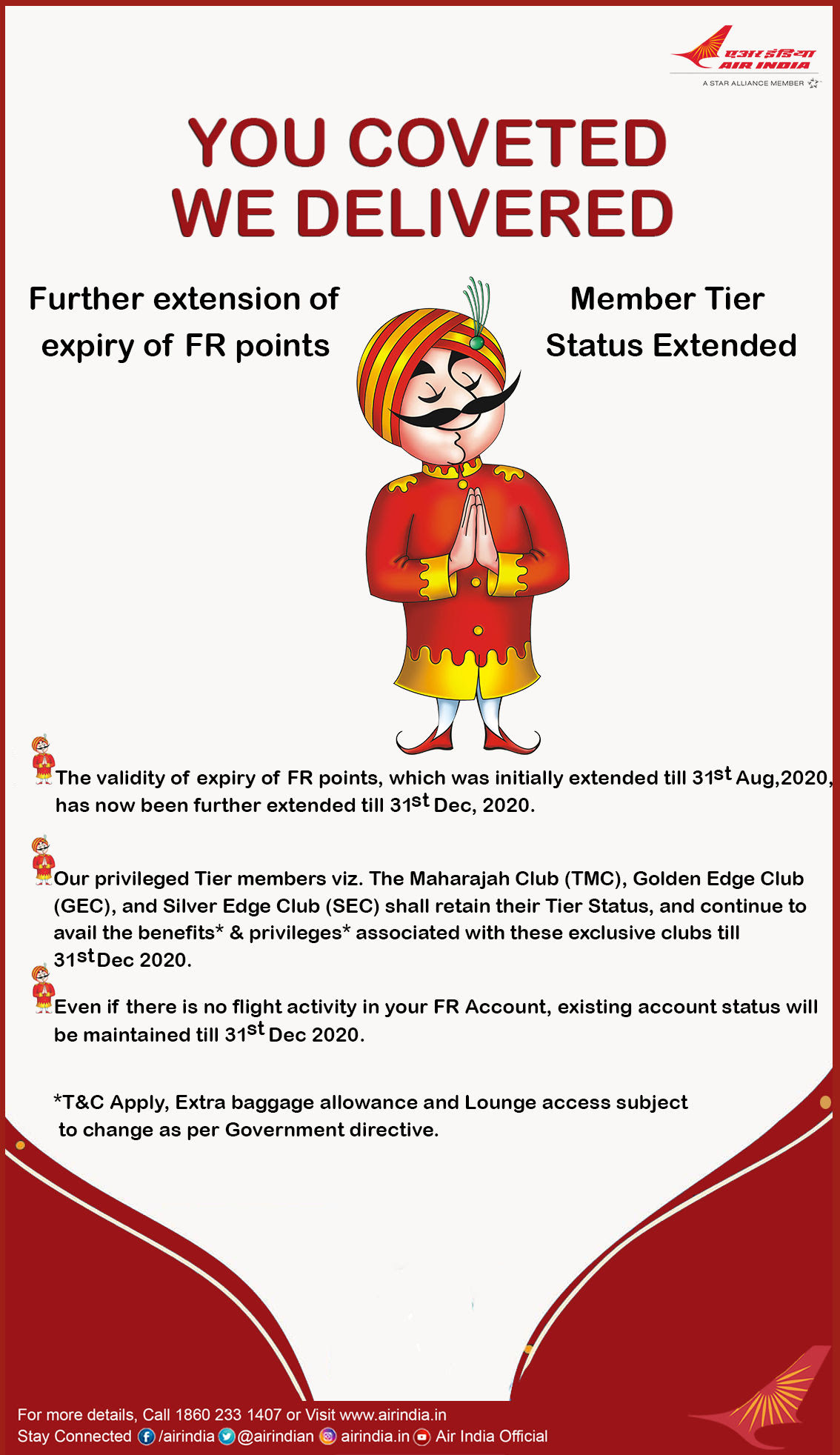 Air India Flying Returns freezes status expiry and points expiry till