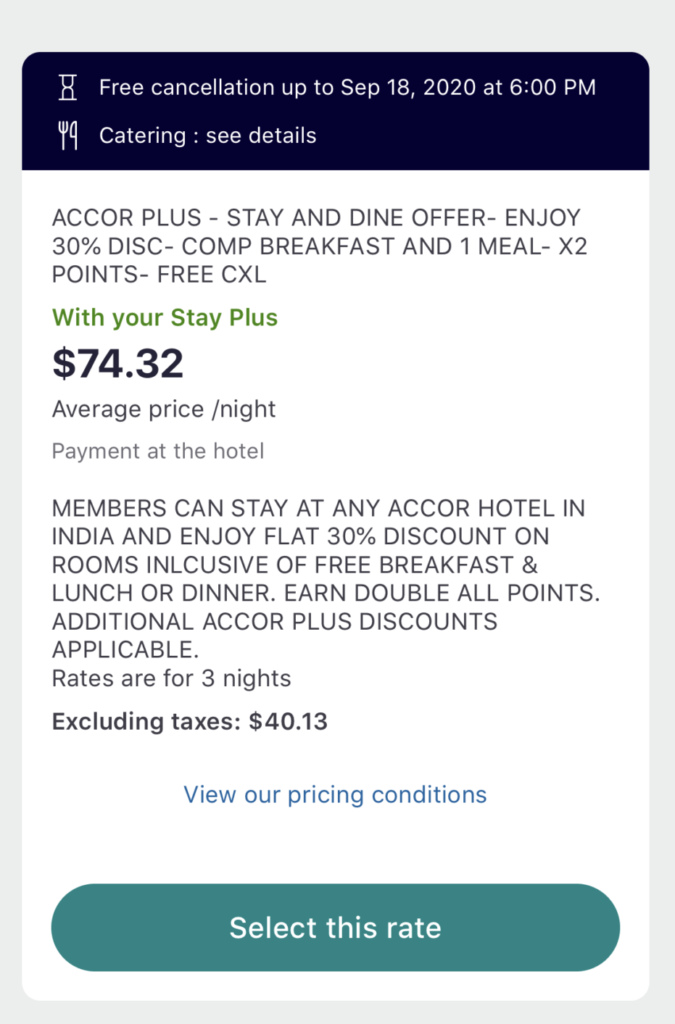 a screenshot of a hotel price list