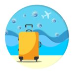 a yellow suitcase with wheels and a blue background