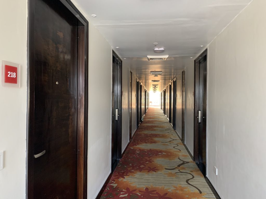 a long hallway with doors and a carpeted floor