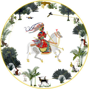 a circular design with a man riding a horse