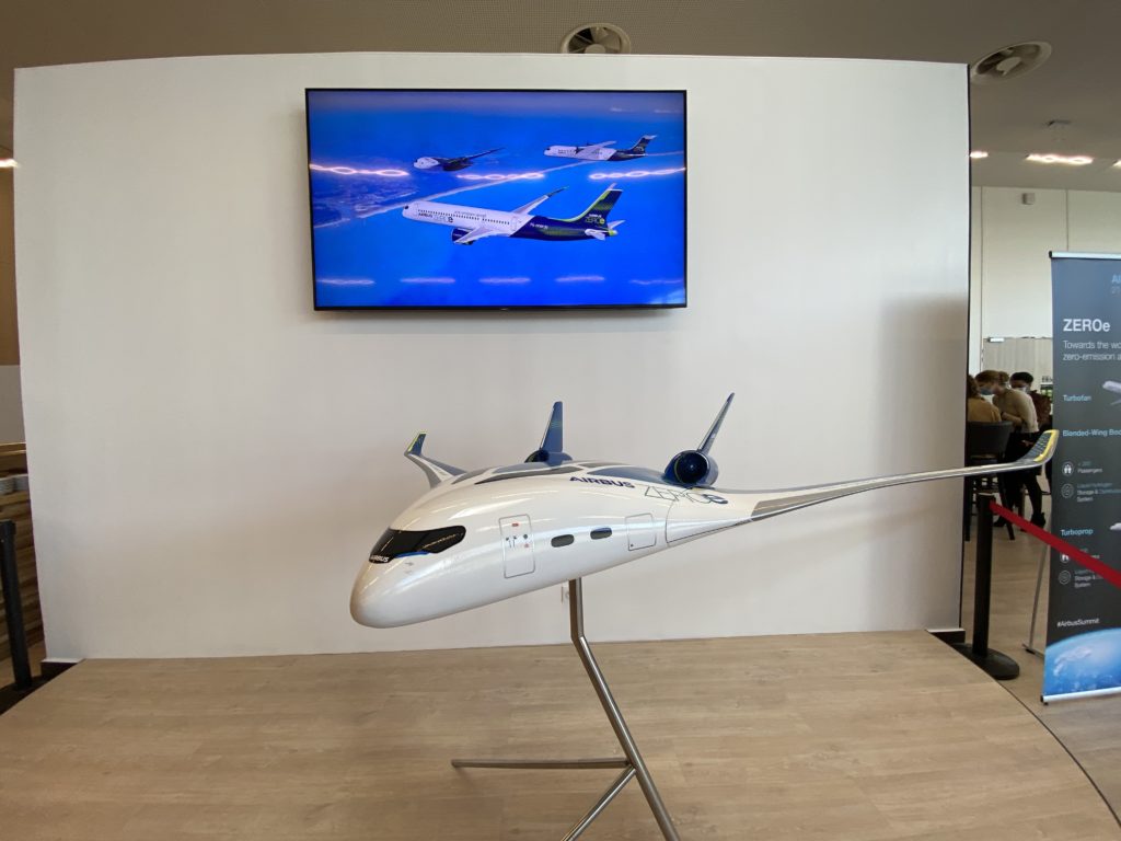 a model airplane on a stand in front of a television