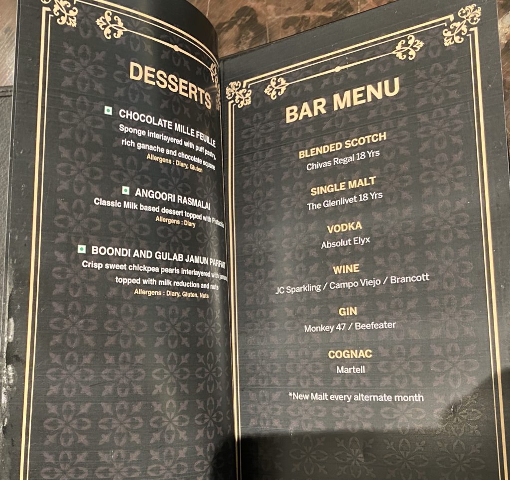 a menu of a bar