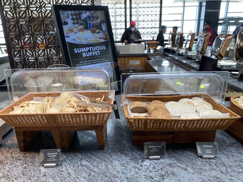 a buffet with food in baskets