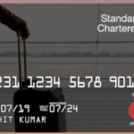 a credit card with a person holding a suitcase