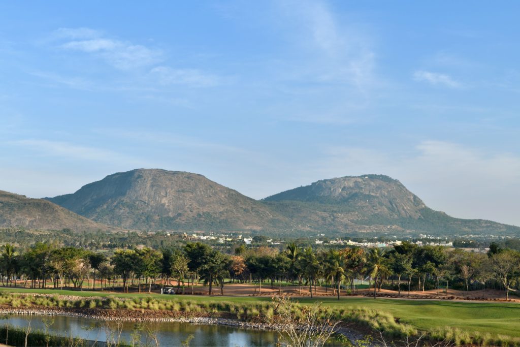 a golf course with trees and a body of water