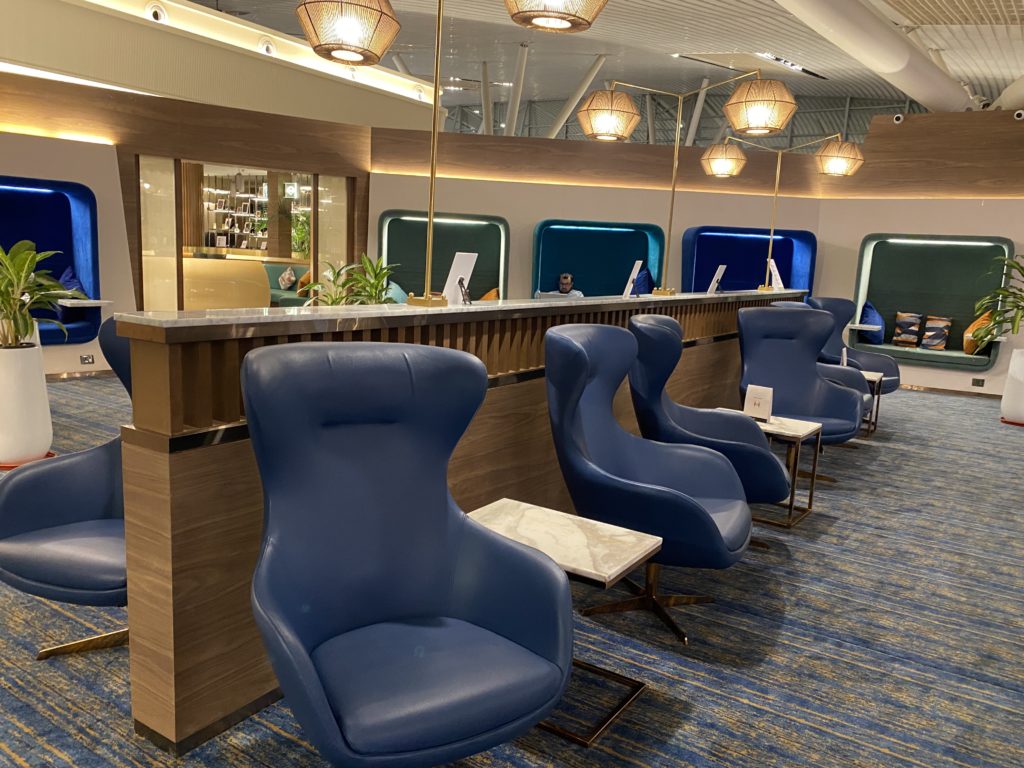 a blue chairs in a lobby