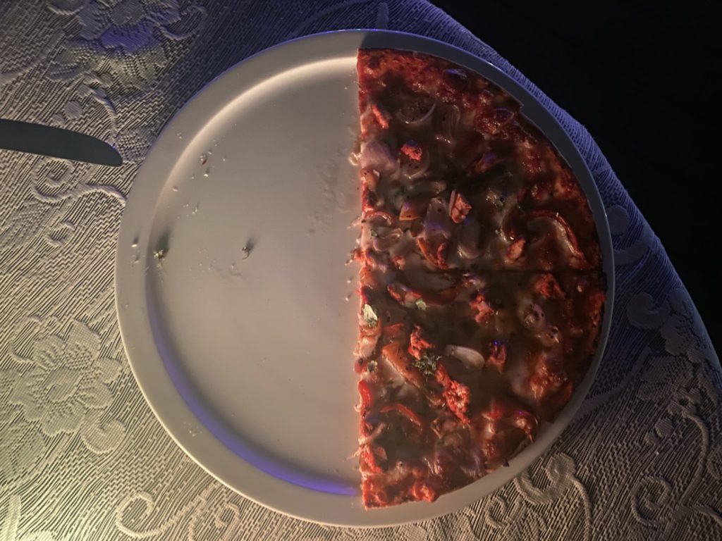 a plate with a half eaten pizza