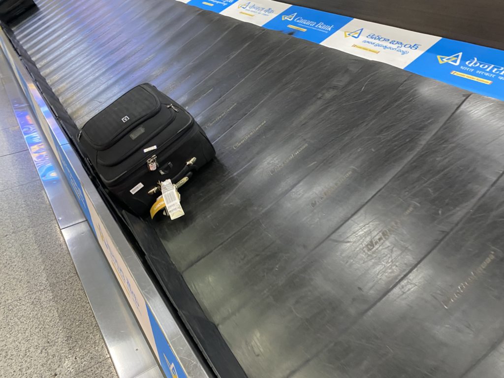 a luggage on a conveyor belt