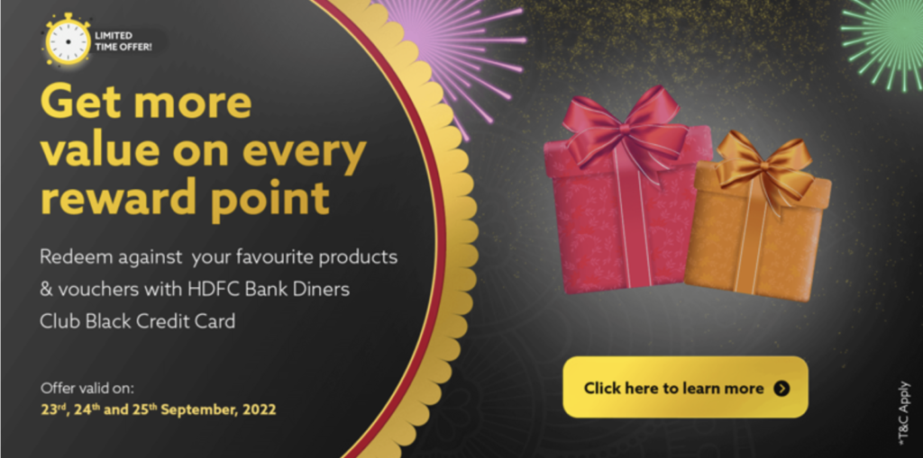 a black and gold advertisement with a red gift box and a red bow