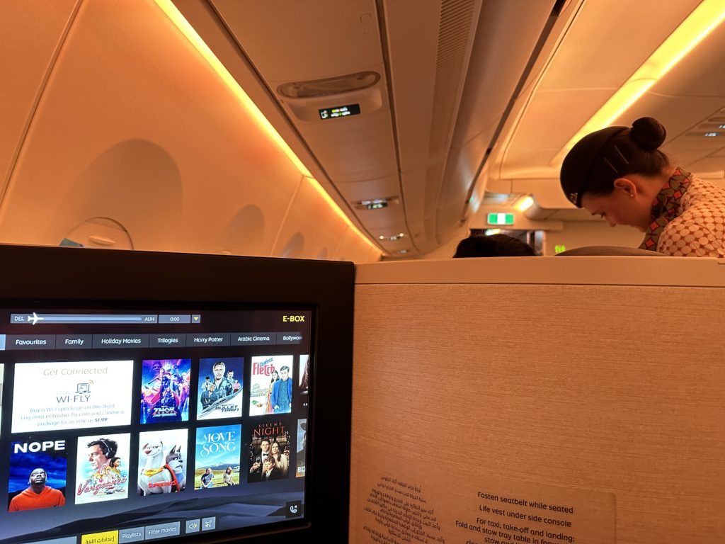 a person looking at a screen on an airplane