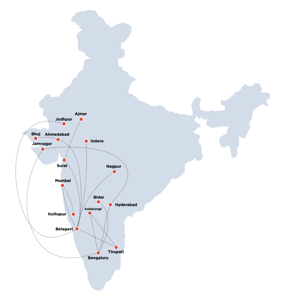 a map of india with red dots and black lines