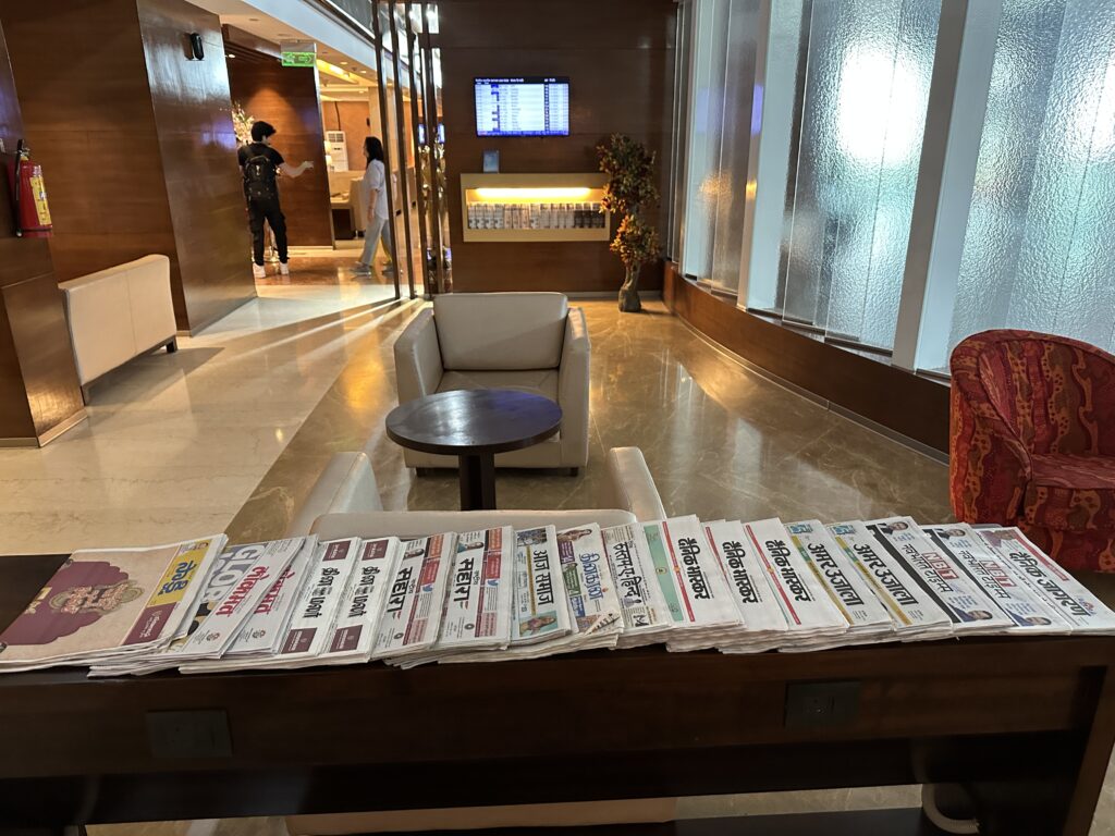 a table with newspapers on it