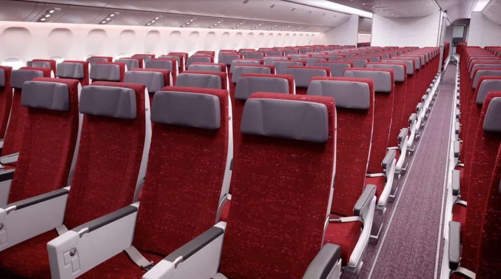 a row of red and grey seats