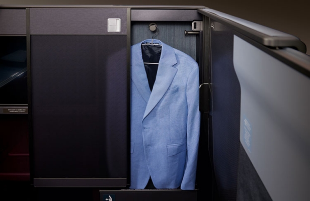 a blue suit jacket in a locker