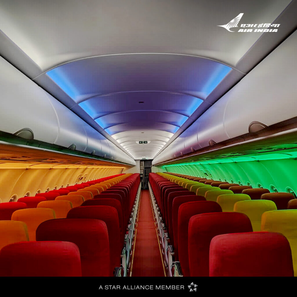 an airplane with colorful seats