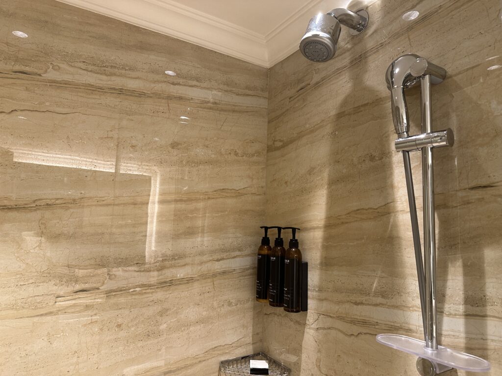 a shower with a shower head and shower head