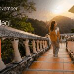 a woman walking down a stone staircase