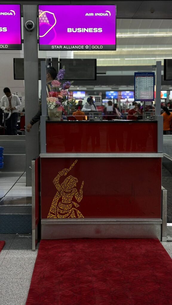 a red counter with a picture of a person holding a flute