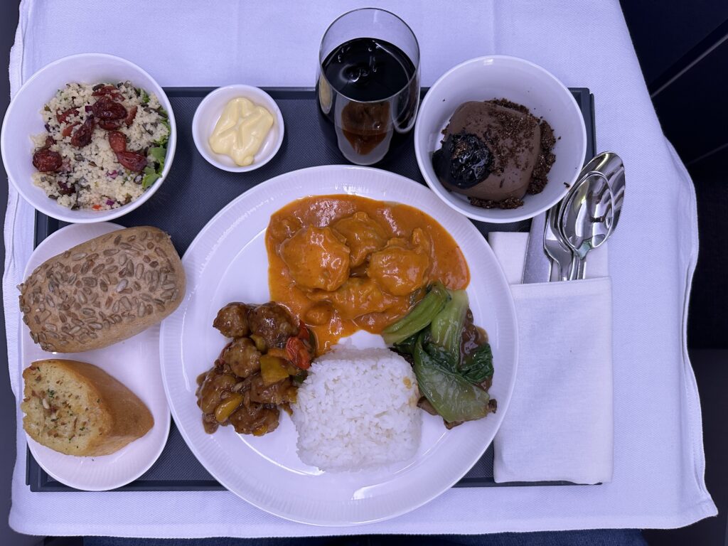 a plate of food on a tray