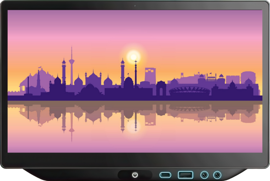 a tablet with a city silhouette