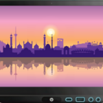 a tablet with a city silhouette