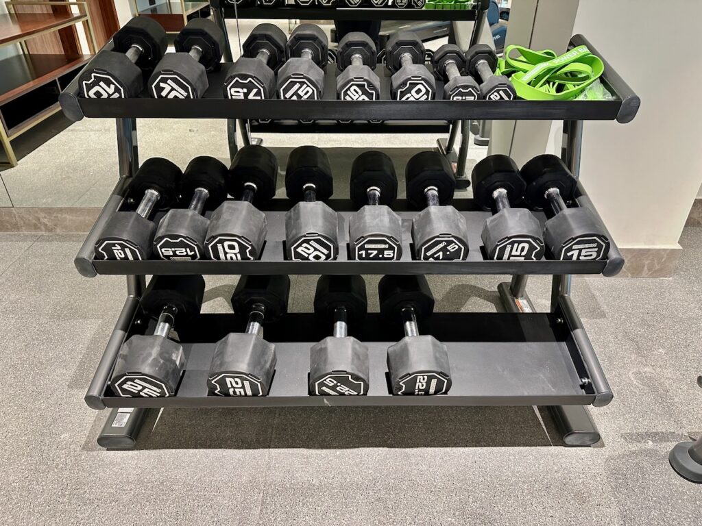 a rack of dumbbells