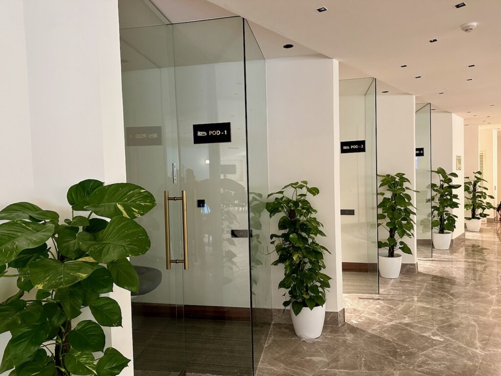 a row of glass doors with plants in front of them