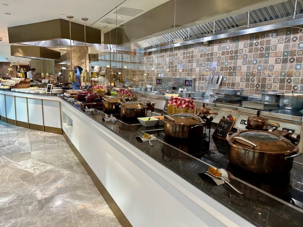 a kitchen with pots and pans