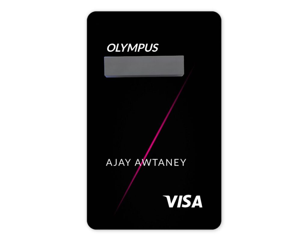 a black card with white text and purple stripe