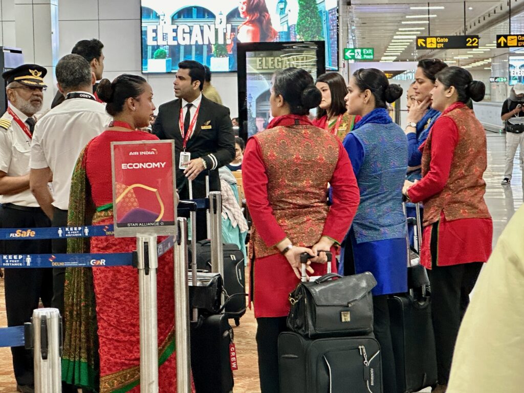 a group of people standing in a line