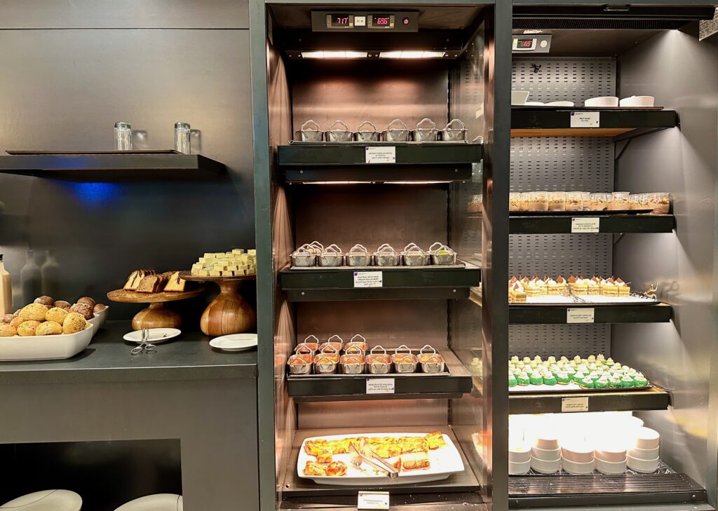 a display of food on shelves