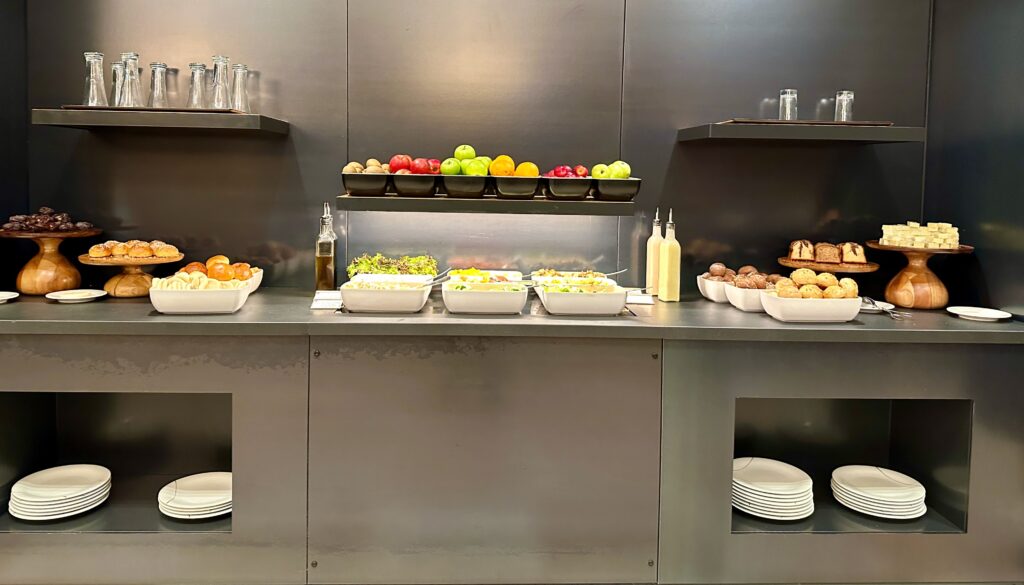 a buffet with different food on shelves