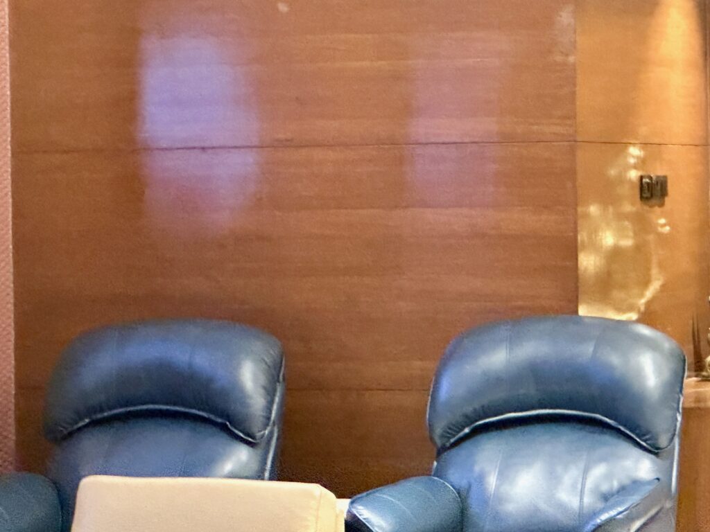 a pair of blue leather chairs