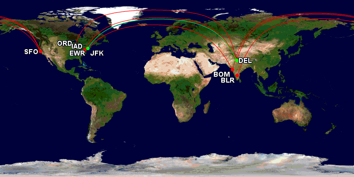 a map of the world with red lines