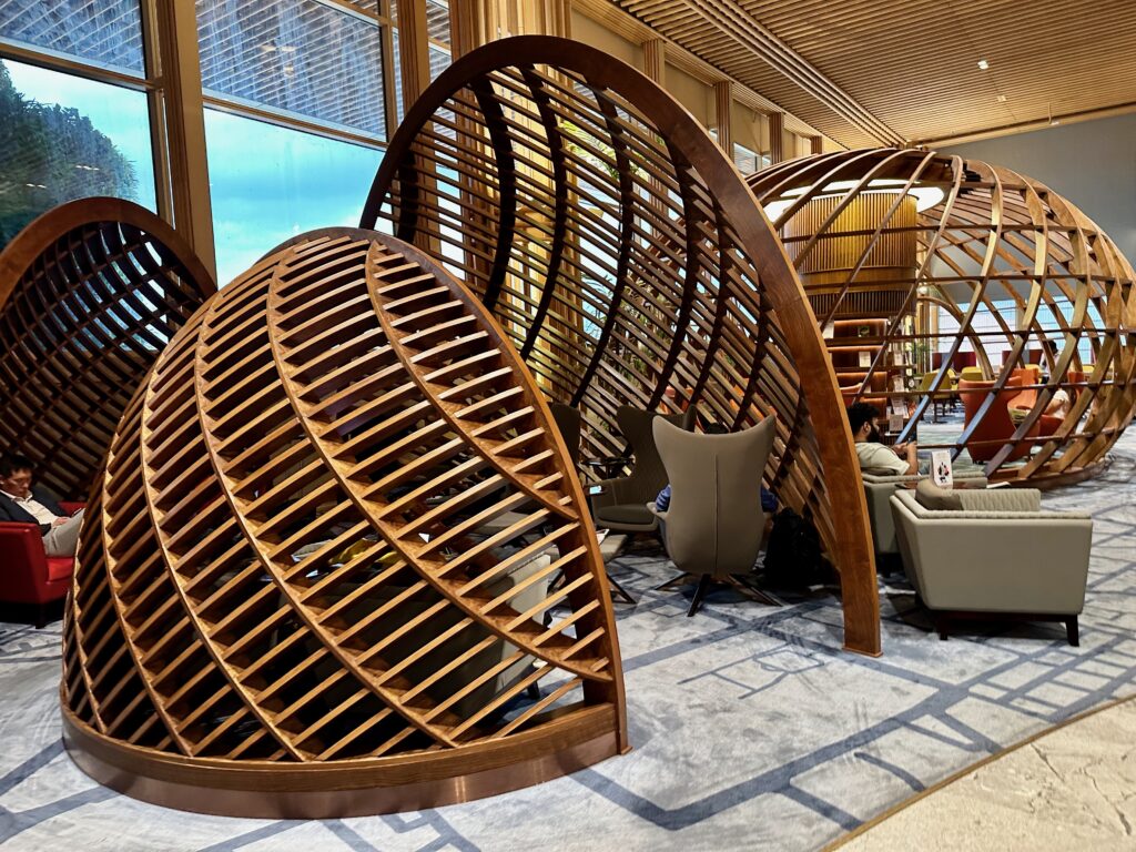 a group of round wooden objects in a room