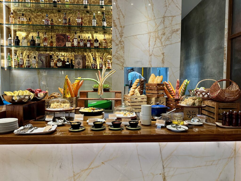 a buffet table with food on it